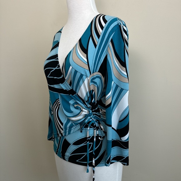 VINTAGE Y2K BLUE BLACK SWIRL PRINT WRAP TOP - Picture 7 of 7